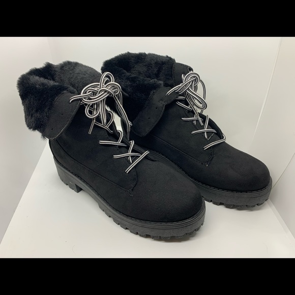 flip down furry faux suede lace boots black - Picture 3 of 11